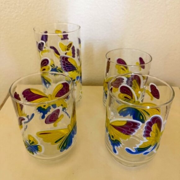 Vtg Libbey Butterfly Lowball Juice Glasses 4 Set Of 4 Excellent Cottage Core